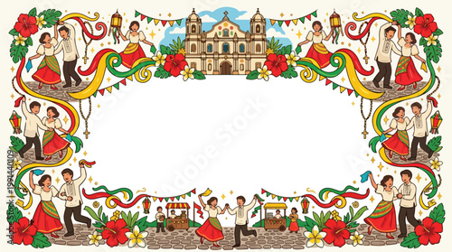 Fiesta celebration frame with Filipino dancers in front of a colonial church during town festival.