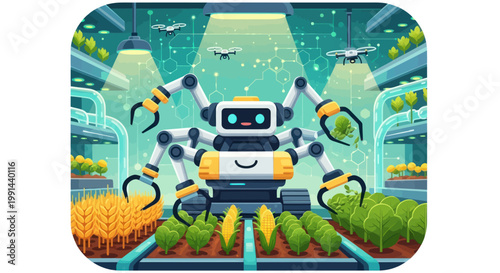 Robotic Farm Automation: Smart Robot Harvesting Crops in Futuristic Greenhouse with Drones