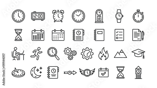 Collection of hand drawn icons related to time scheduling work with alarm clock person working magnifying glass graduation cap planning meeting hourglass calendar