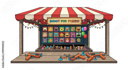 Pixel Art Carnival Game Booth "Shoot for Prize" with Toys and Rifles