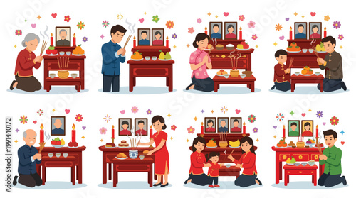 Illustration set of Chinese families praying and offering food at ancestral altar for Qingming Festival.