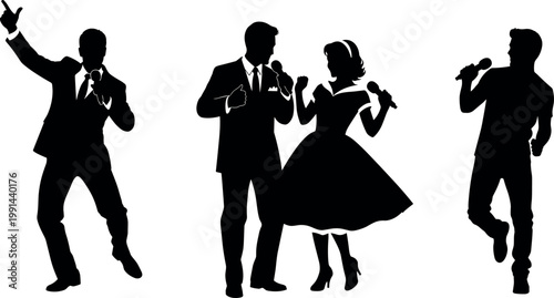 Singer silhouettes vector illustration with male and female performers microphones dancing poses music concert character set