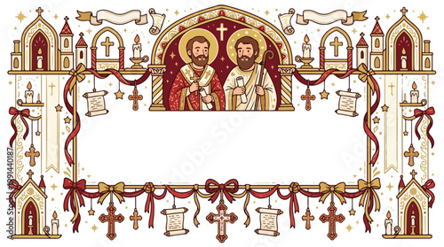 Decorative Christian church frame with icons of saints and religious symbols for holy week.