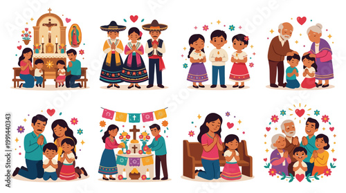 Set of Mexican families and religious rituals for Day of the Dead and church blessing.