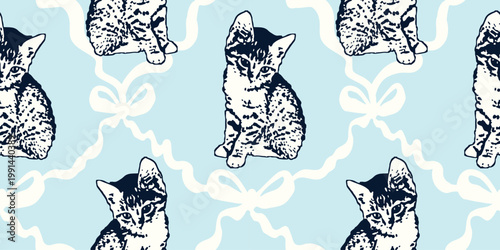 Seamless vector pattern with cute kitten and ribbon bow in coquette aesthetic. Vintage hand drawn ink sketch background for feminine fashion, textile, and nursery decor print.