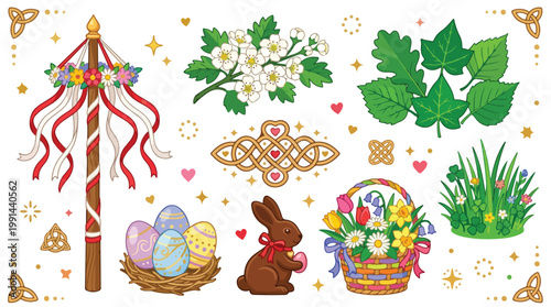 Easter and Spring festival set with maypole bunny rabbit chocolate and decorated eggs.