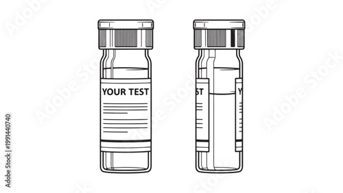 Minimalist Black and White Line Art Vector Illustration of a Medical Test Tube or Vial with a Screw Cap and Customizable Label for Laboratory Diagnostic Samples