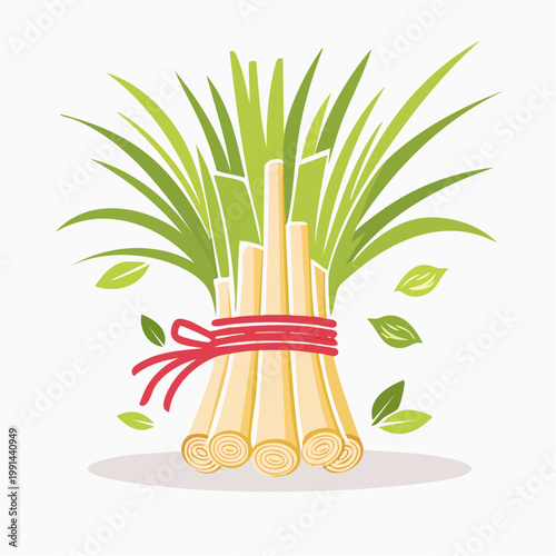 Illustration of a bundle of lemongrass tied with red ribbon