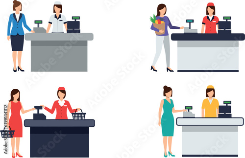 Supermarket checkout cashier and customers shopping interaction scenes with payment counters retail store vector illustration set isolated