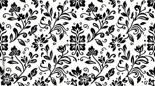 Elegant black and white damask floral pattern suitable for textiles and design.