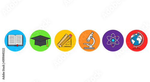Educational icons representing knowledge, science, and learning, with a book, graduation cap, pencil, microscope, atom, and globe for a comprehensive overview