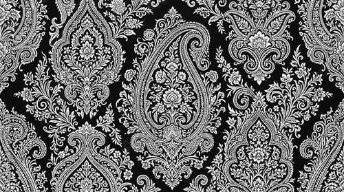 Intricate Black and Silver Damask Textile Pattern with Ornamental Floral Motifs.