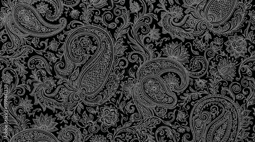 Intricate black paisley pattern on dark textile background for design and texture applications.