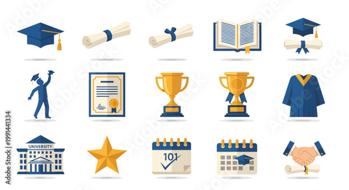 A comprehensive set of flat design vector icons symbolizing academic success, graduation, higher education, and student milestones, perfect for educational and celebratory themes