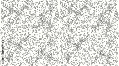 Intricate grayscale ornamental swirls forming a seamless decorative pattern suitable for backgrounds and textures.