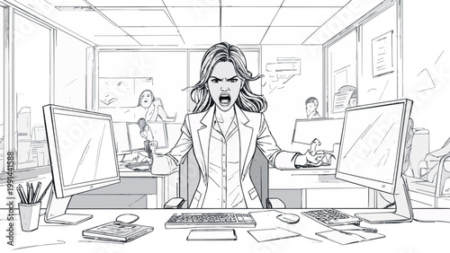 Woman experiencing anger outburst in busy office