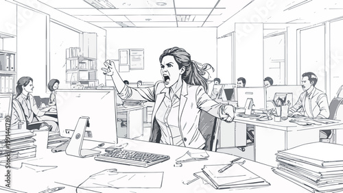Stressed businesswoman yelling in open office environment