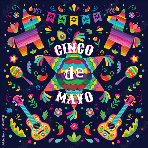 A vibrant illustration celebrating cinco de mayo with traditional decorations