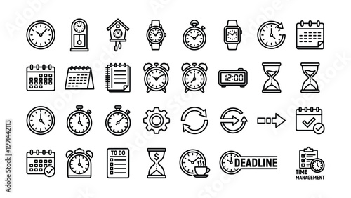 Assortment of hand drawn icons representing time clocks calendars with grandfather clock cuckoo alarm pocket watch antique digital stopwatch