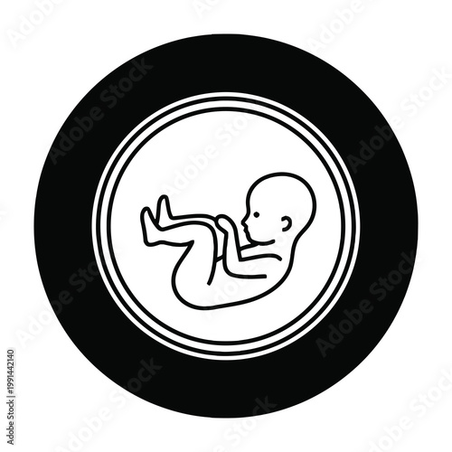 Black and white fetus illustration in a circle