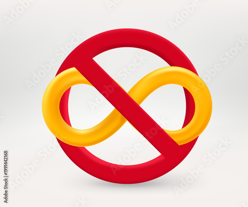 Infinity symbol in red circle with crossed line. 3d vector icon