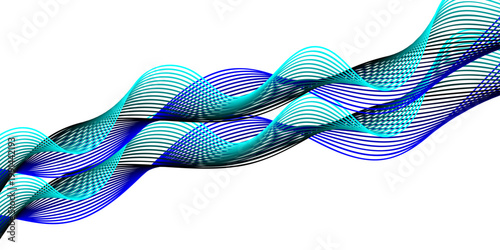 A blue digital illustration of a DNA helix strand on a white background featuring artistic wave patterns and a colorful flowing line design for a modern wallpaper concept