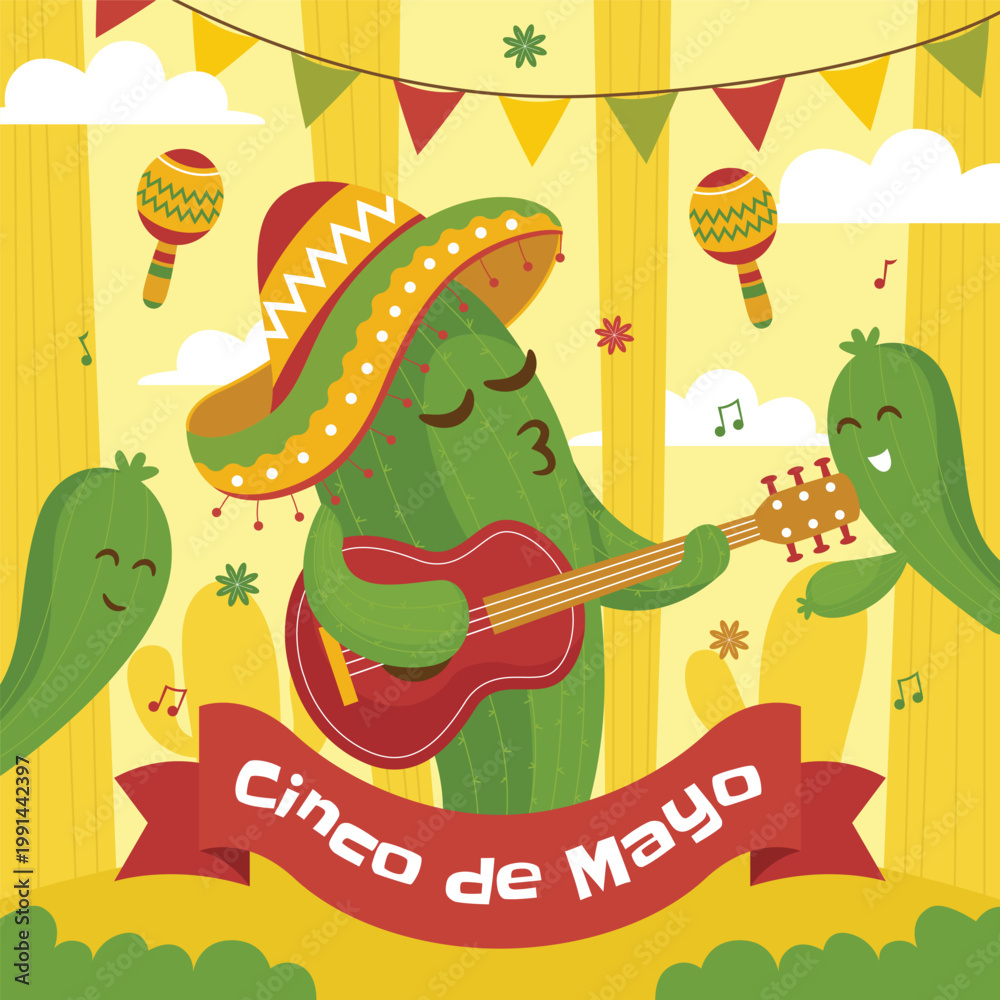 Naklejka premium Festive cacti celebrate cinco de mayo with music and colorful decorations