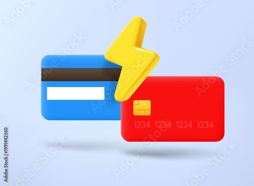 Two credit cards with thunderbolt. Fast money transfer concept 3d vector icon