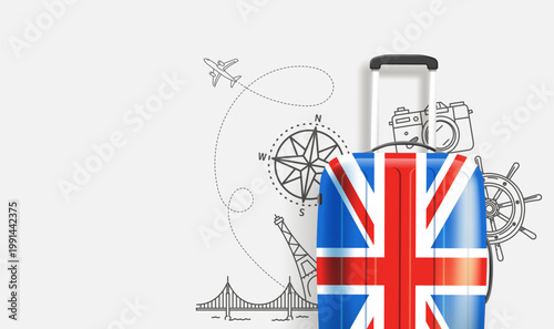 Travel banner with copy space and suitcase. Vector 3d illustration