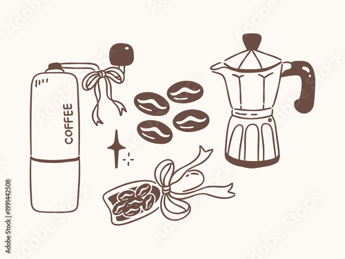 Hand drawn coffee set with moka pot, manual grinder, beans, and scoop in cute doodle style on beige background.