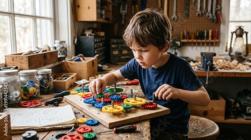 Young boy playing with colorful toys.