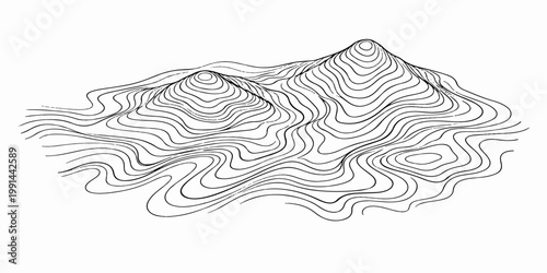 Vintage hand drawn vector illustration of a pine cone and tree set against an abstract nature pattern design with a wave silhouette