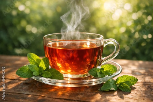 Hot mint tea in clear glass cup with rising steam on wooden table