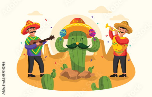 Festive illustration depicts musicians and a cactus celebrating a vibrant fiesta