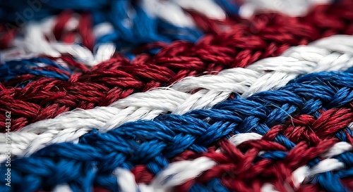 A close up of a knitted fabric reveals an intertwining pattern of red white and blue threads.