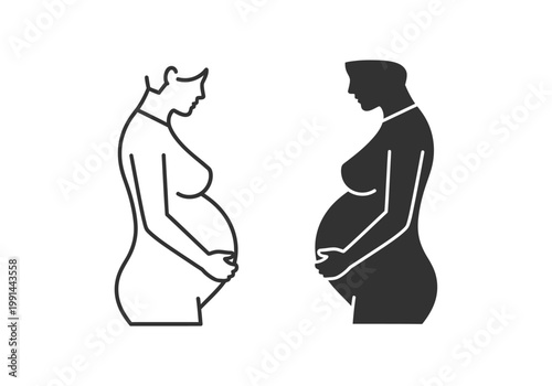 Pregnant Woman Silhouette Icon Set - Line Art and Solid Vector Illustration for Maternity and Healthcare Design