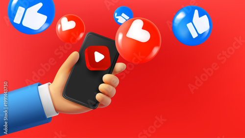 Using mobile video application concept. 3d vector banner with copy space