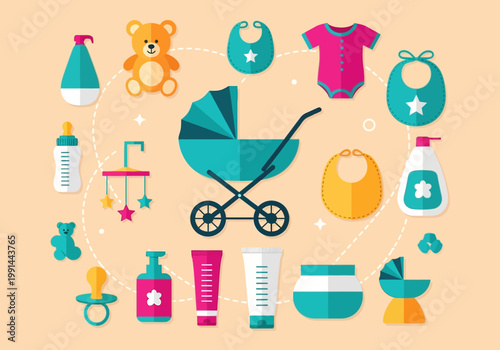 Baby Care Accessories Set - Flat Vector Illustration of Newborn Essentials including Stroller, Teddy Bear, Bibs, Feeding Bottle, and Hygiene Products