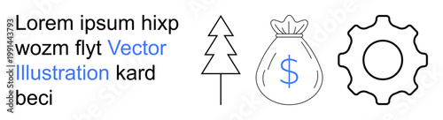 Business, environment, finance, productivity, sustainability, economic concepts. Outline of a tree, money bag with a dollar sign and gear. Finance and environment conceptual design