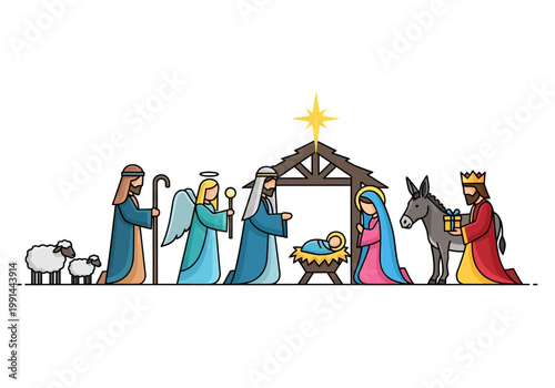 Christmas Nativity Scene Vector Illustration featuring the Holy Family, Baby Jesus, Angel, Shepherd, and Wise Man in a Flat Line Art Style