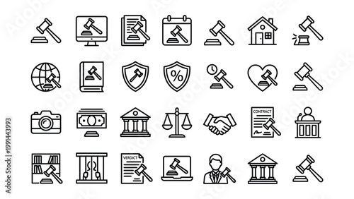 Legal icons set: justice law court and business symbols legal system law office advice services assistance illustration justice icon gavel scales attorney