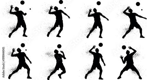 Volleyball player silhouettes set with dynamic jumping and hitting poses sport action vector illustration collection isolated
