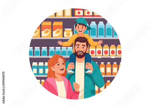 Happy Young Family Shopping for Groceries in Supermarket, Father Carrying Son on Shoulders in Front of Food Shelves Illustration