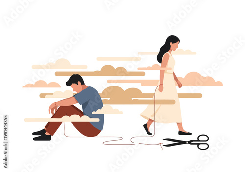 Breakup Concept Illustration: Woman Walking Away and Cutting the Red String of Fate Bond with Man