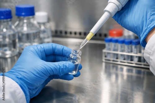 Scientist using pipette to transfer liquid into glass vial in sterile laboratory environment