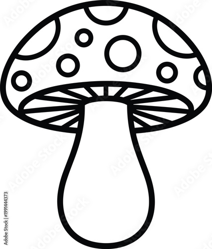 Black and white line of a spotted mushroom toadstool