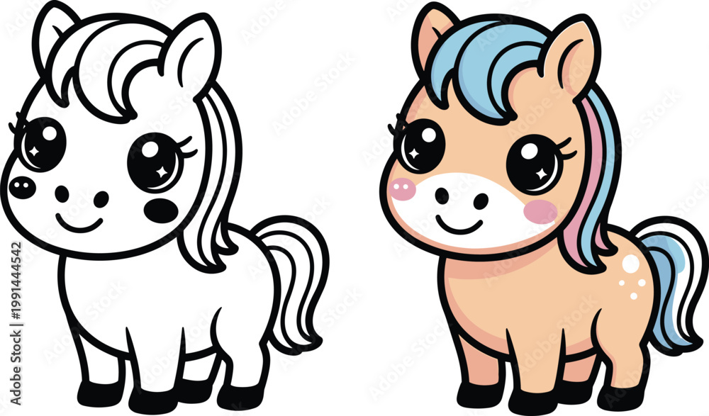 Fototapeta premium Kawaii chibi horse line and colored version pony cartoon