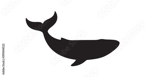 Simple minimalist vector illustration showing a black whale silhouette isolated on a solid white background designed for creative graphic projects needing clean aquatic life shapes or maritime.