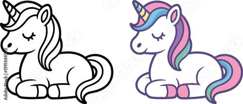 Two cute unicorn one black and white outline and one colored