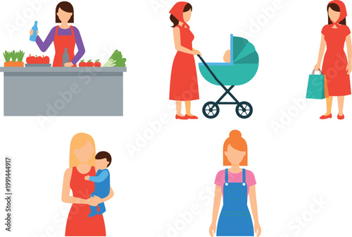 Women daily life activities set with cooking shopping stroller parenting and casual lifestyle flat vector illustration collection